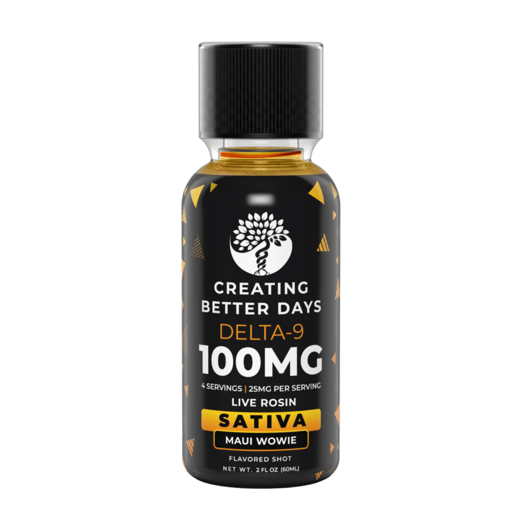 Creating Better Days Delta-9 THC Nano Shot 100MG Sativa Maui Wowie live rosin flavored shot bottle with 25MG per serving