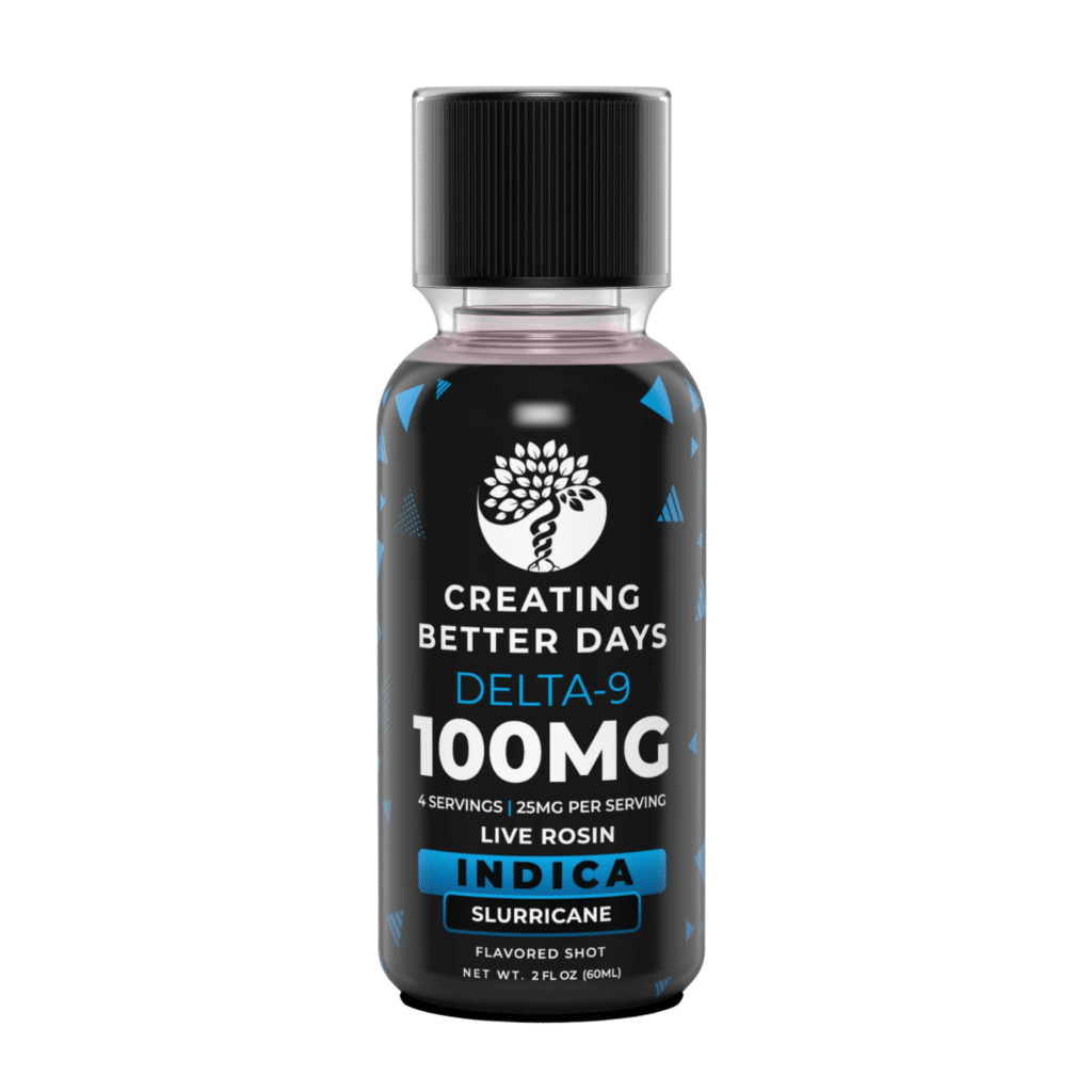 Creating Better Days Delta-9 THC Nano Shot 100MG Indica Slurricane live rosin flavored shot bottle with 25MG per serving